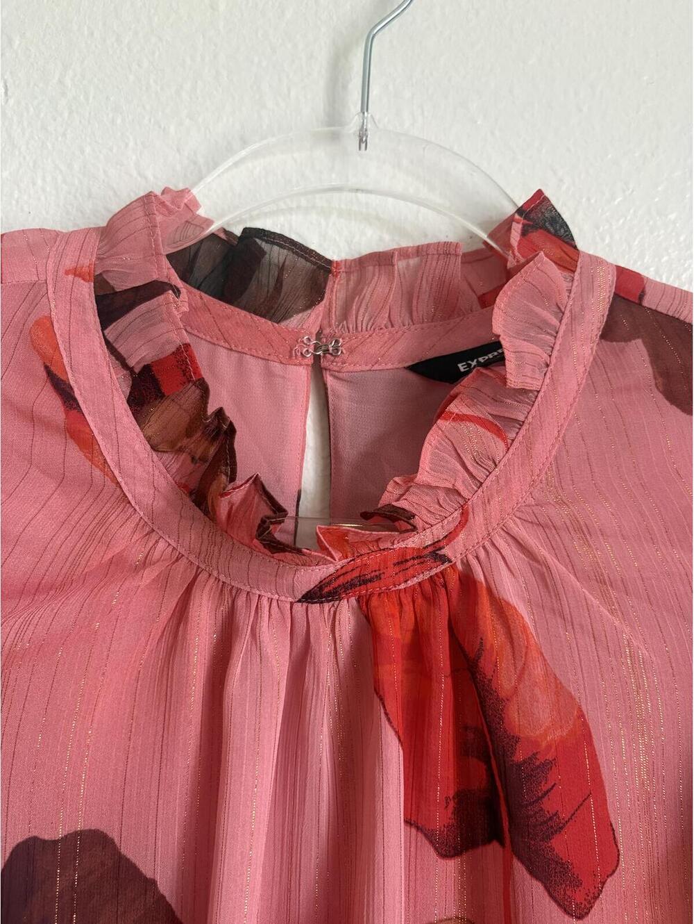 Express | Beautiful Silky Pink Red Brown Floral Gold Ruffle Cap Sleeve Blouse XL - Picture 3 of 9